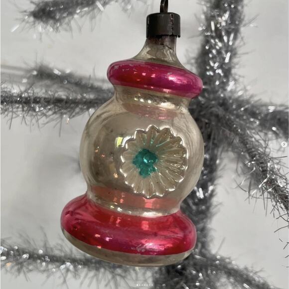 Antique Glass LANTERN Ornament SILVER PINK Double Indent Tarnish Patina - Picture 1 of 7